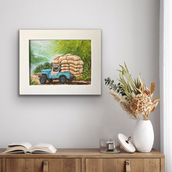 8x10" Colombia Cafe Quindio Art Print (w/mat): Jeep carrying coffee beans - HOME - Picture 2 of 6